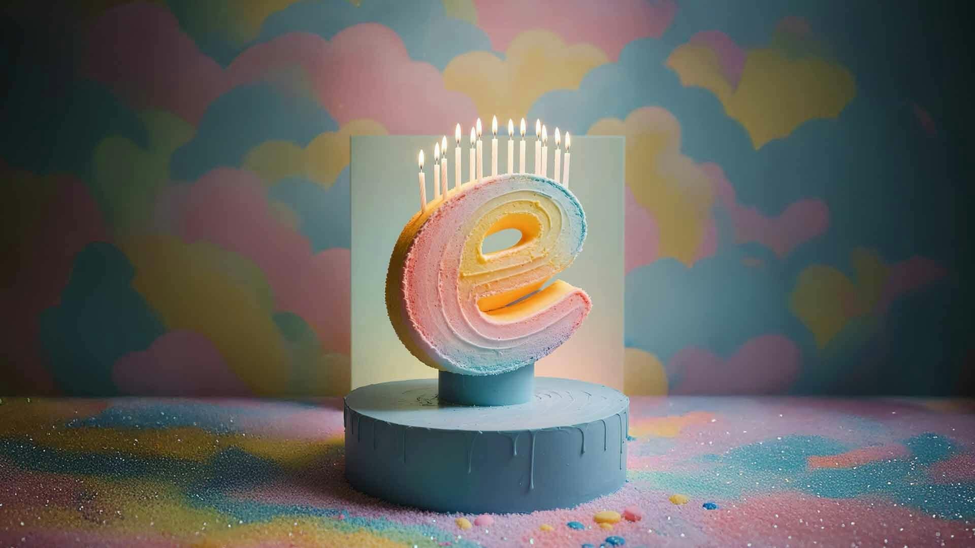 A rainbow cake in the shape of an e with 19 candles on top
